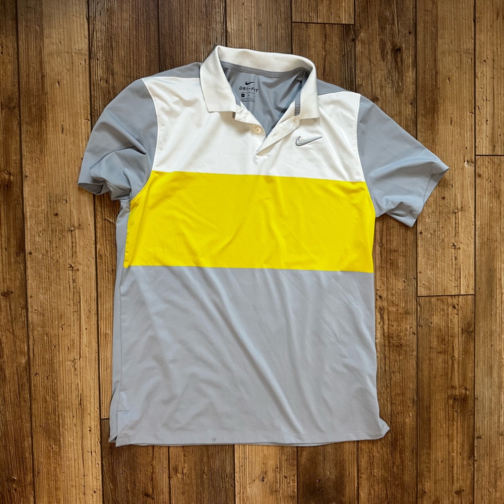 Nike Men's Polo Shirt in Gray, White, and Yellow